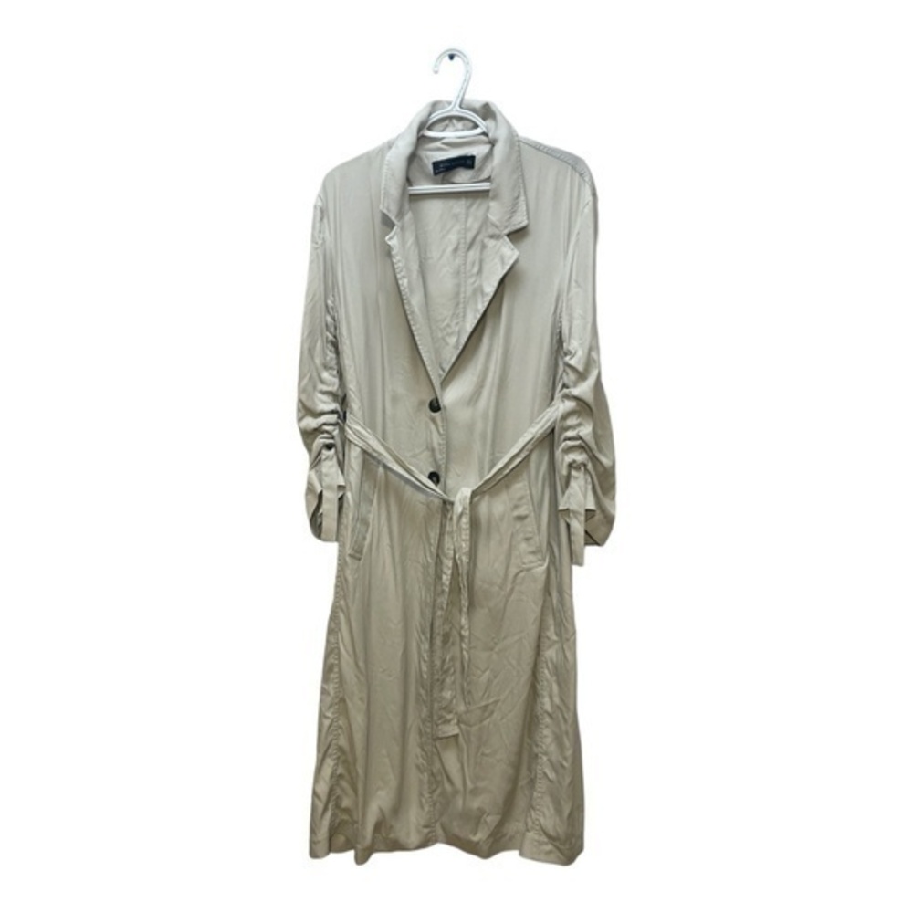 Zara Woman Long Beige Trench Coat Scrunch Sleeves Viscose Blend Size M